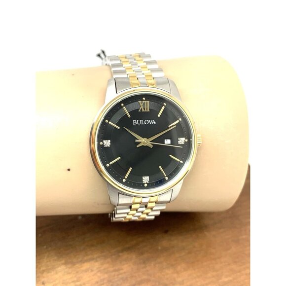 Bulova Women\'s Watch 98P198 Black Dial Diamond Quartz Two Tone Stainless Steel